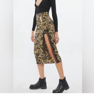 Urban Outfitters Satin Animal Leopard Print Midi Skirt Black Lace Open Slit